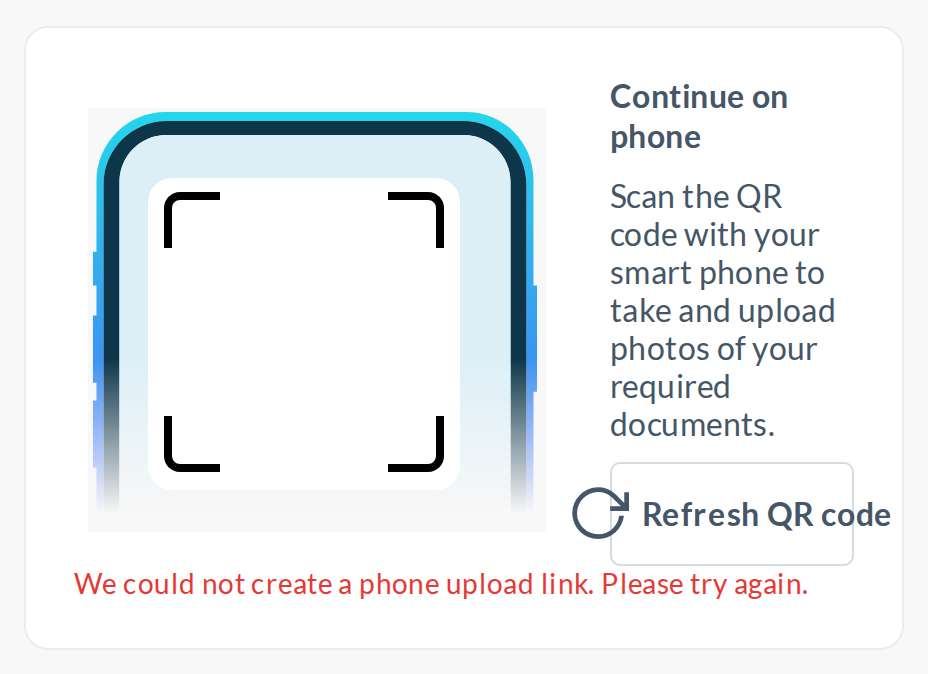 600px: 'Refresh QR code' content spills 20px out of both sides of the button (the red error line only appears because the audit blocked the link-token request)
