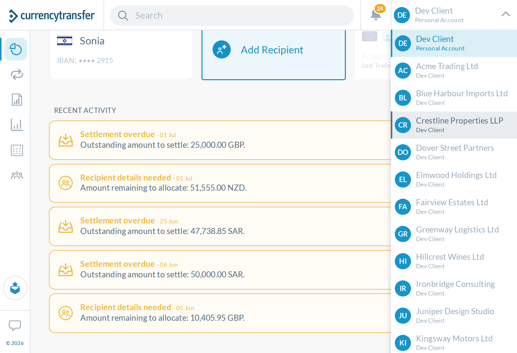 1024x700, 12 accounts (stubbed): the list runs off the bottom. Settings and Logout are unreachable.