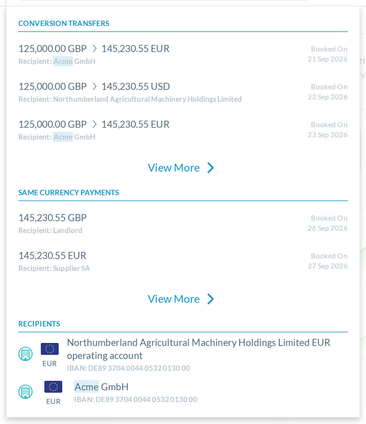 1440px: 2 same-currency payments, yet 'View More' shows under them (the condition checks the 5 conversions)