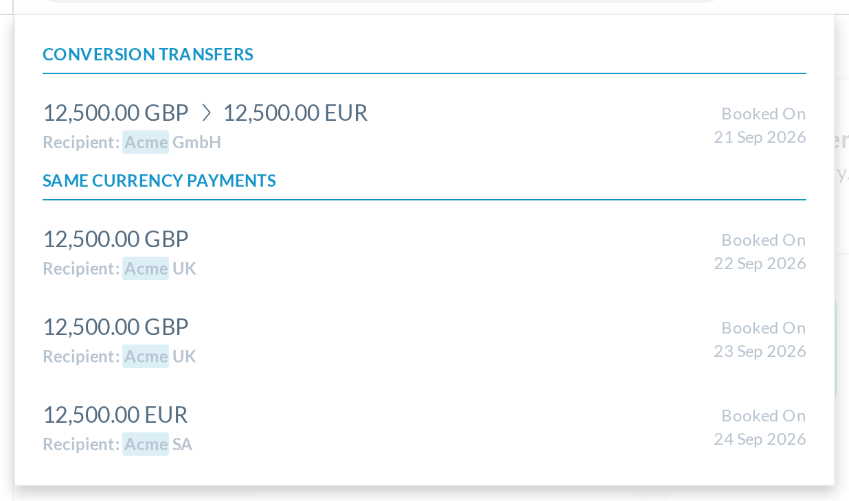 1440px: 5 same-currency payments match, only 3 are shown, and there's no 'View More'