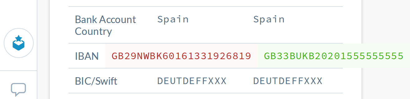 600px, full document width: the green new-IBAN cell spills past the card and the viewport (page is 658px wide)