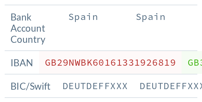 390px: only 'GB3' of the new IBAN is visible and the BIC is cut off too
