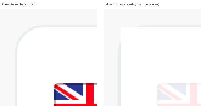 Composite, top-left corner zoomed 8x: at rest (rounded) vs hover (square). Size is in image pixels.