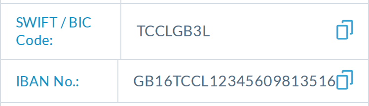 390px, real data: the IBAN row's divider is offset from the SWIFT row above and the IBAN touches the copy icon.