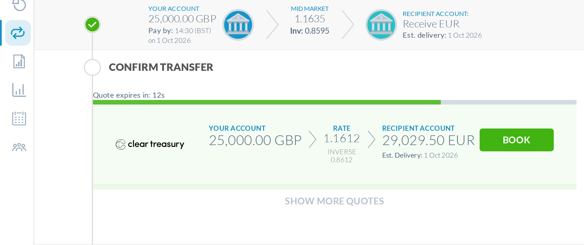 1024px, 25,000.00 GBP -> EUR: even a normal amount overflows the step column by ~69px (the card and timer bar end 13px from the viewport edge, well past the header row above).