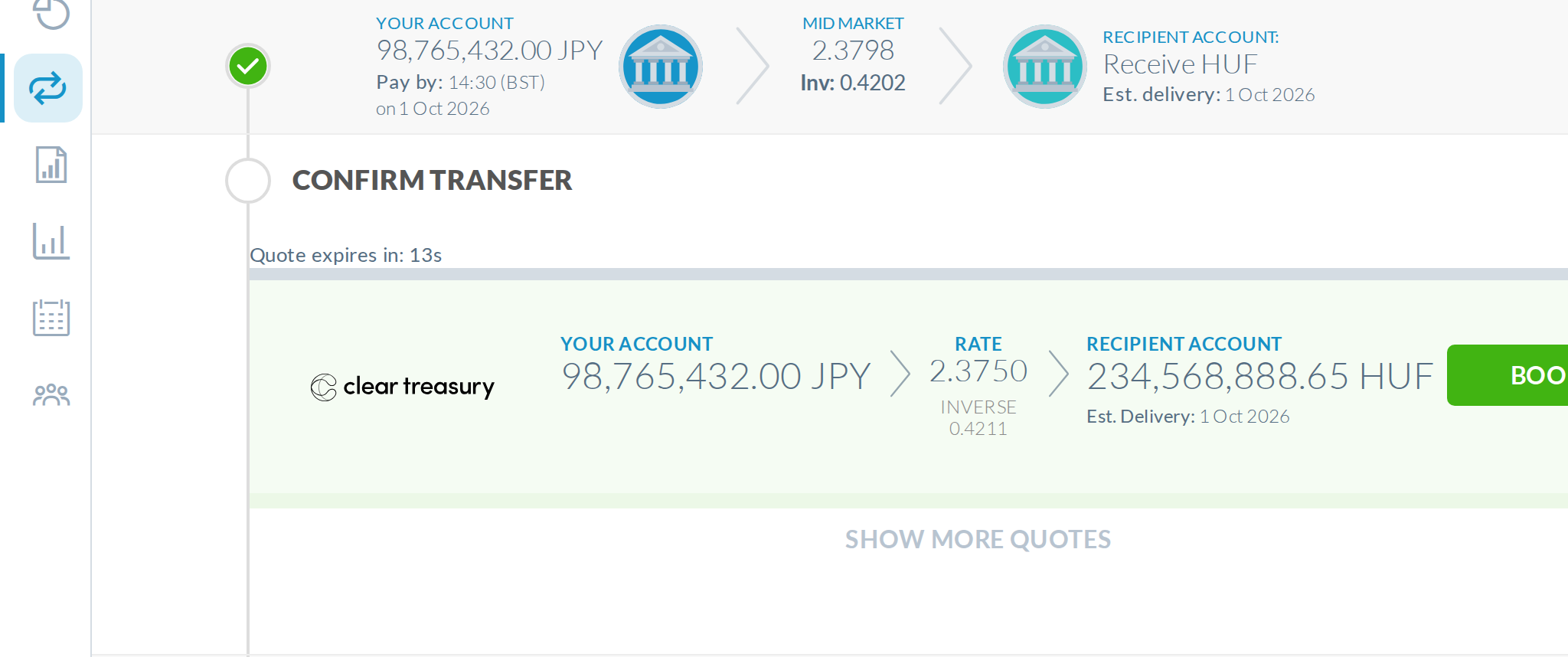 1024px, 98,765,432.00 JPY -> 234,568,888.65 HUF (stubbed quote): the card runs past the viewport and BOOK is cut off at the right edge; the page scrolls sideways.